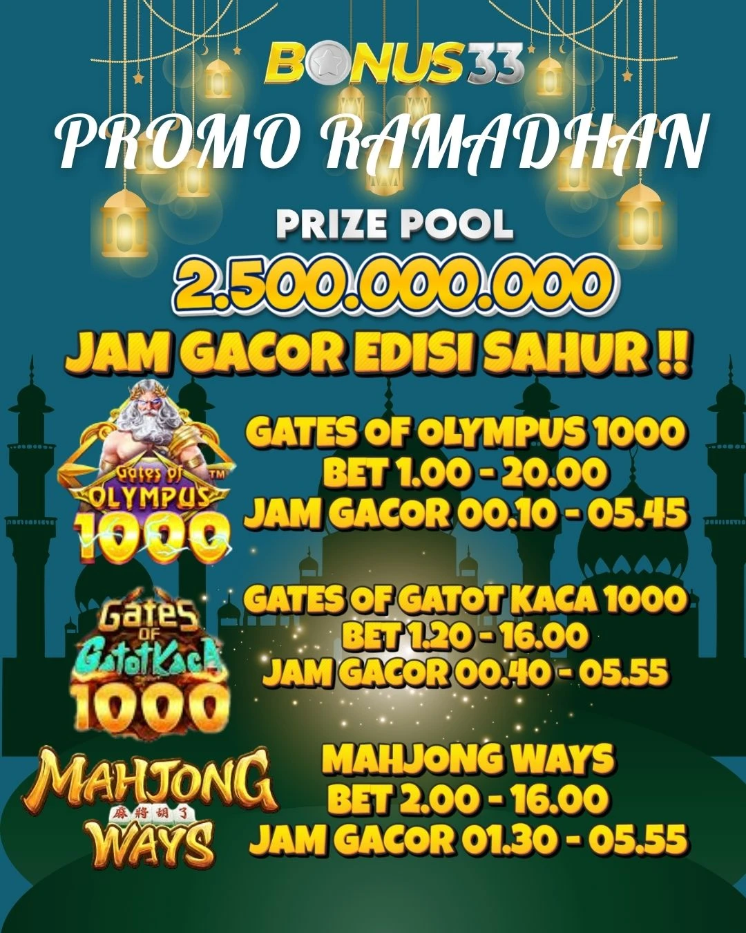 🥰 PROMO BAGI-BAGI JACKPOT SETIAP HARI SELAMA BULAN RAMADAN UNTUK SEMUA MEMBER BONUS33